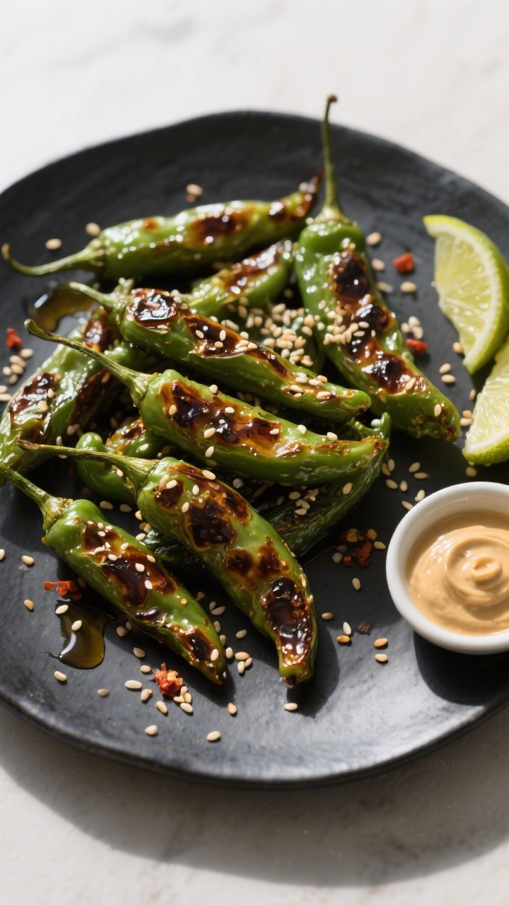 Overhead “tasty top view”: Top-down shot of sesame-soy style shishitos on a dark matte platter, 