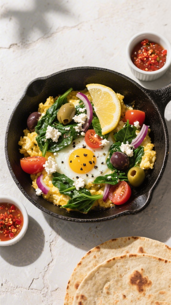 Overhead “tasty top view” variation: Mediterranean-style veggie egg scramble in a black skillet 