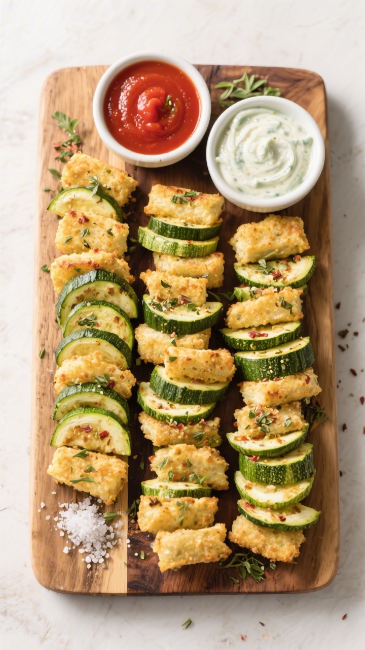 Overhead top-down shot of a party-style platter: a rustic wooden board loaded with zucchini bites in