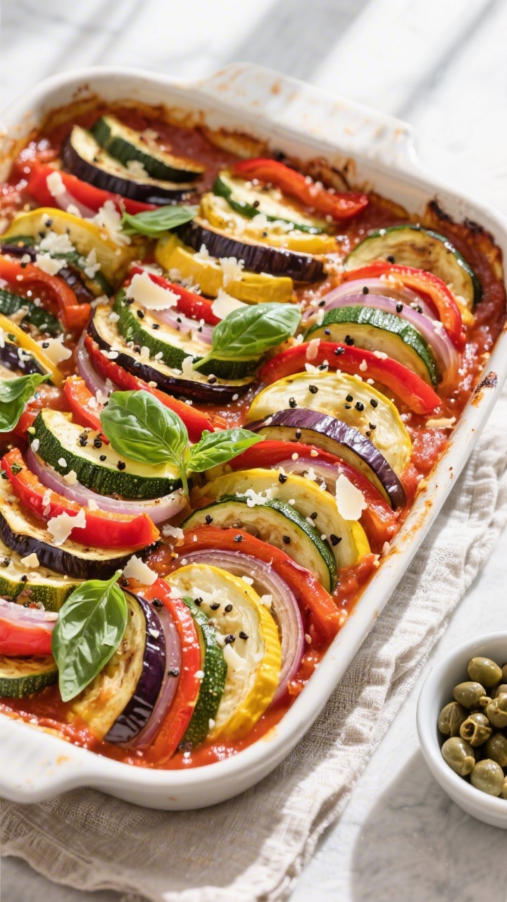 Easy Ratatouille Bake Recipe - A Comforting, Colorful Weeknight Dish 3 Overhead top-down shot of the Easy Ratatouille Bake just out of the oven: tight concentric rows of a