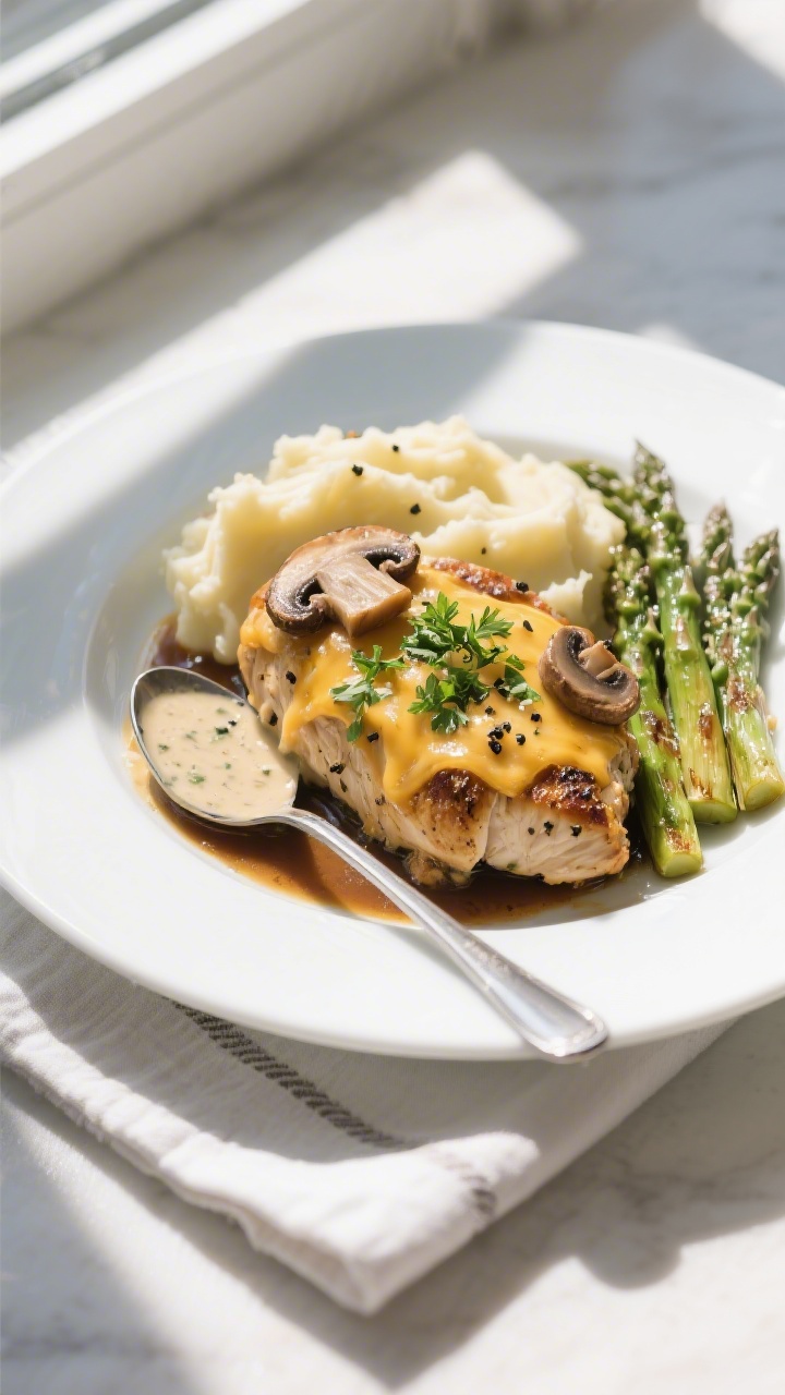Cheesy Portobello Chicken - Comforting, Savory, and Weeknight Easy 4 Plated hero shot, overhead: Cheesy Portobello Chicken served on a wide white rimmed plate with a gen