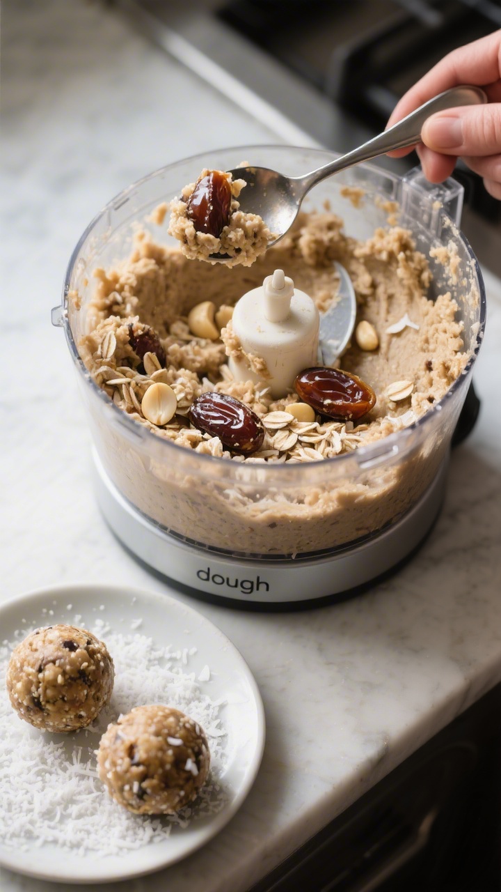 Process shot: energy ball “dough” in a food processor bowl at the perfect clumpy stage—cohesiv