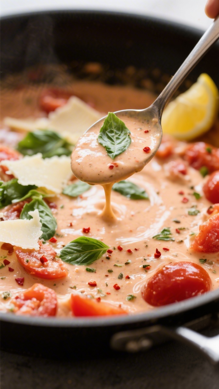 Sauce transformation close-up: Creamy tomato-basil sauce in the skillet mid-stir, Parmesan melting i