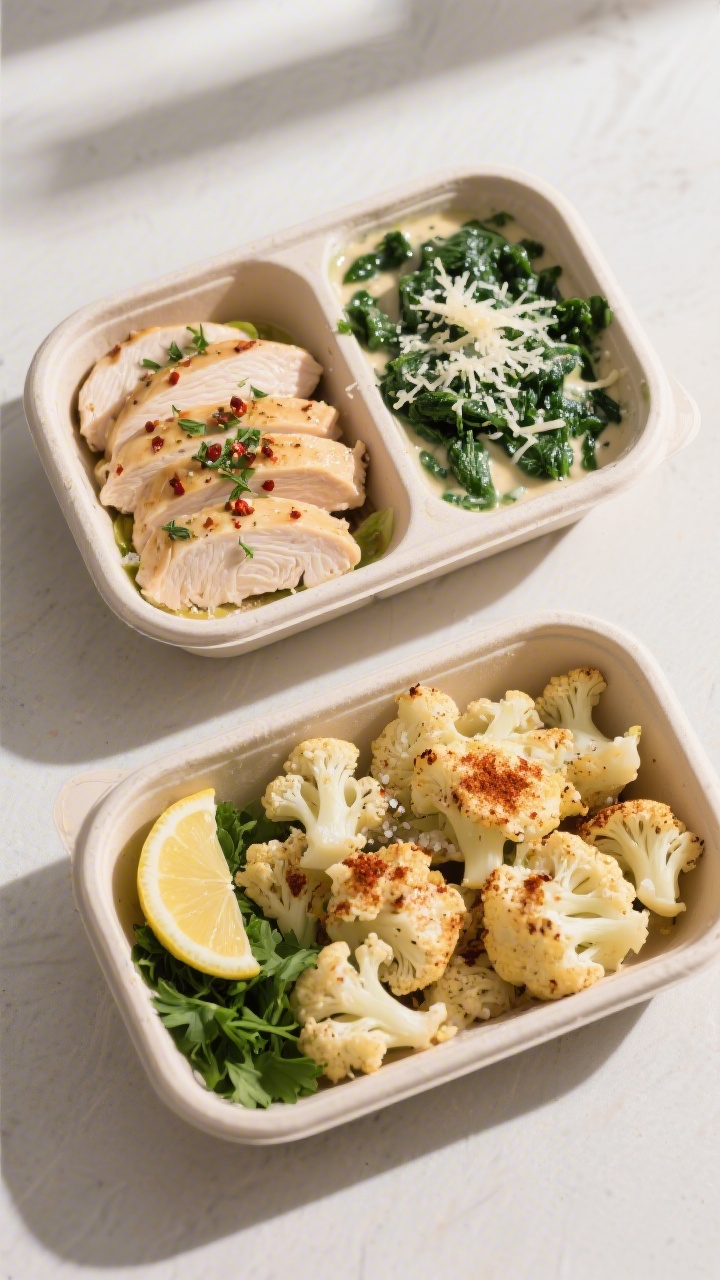 Tasty overhead shot for meal prep: of two tidy meal-prep containers—one side with juicy sliced chi