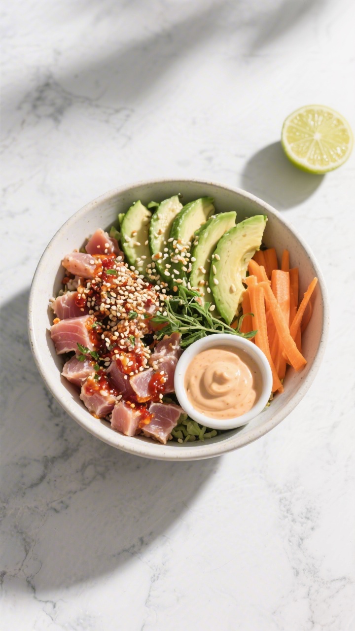 Low Carb Spicy Tuna Bowl - Fresh, Fast, and Satisfying 4 Tasty top-down assembly shot: Overhead shot of the assembled Low Carb Spicy Tuna Bowl on a light sto