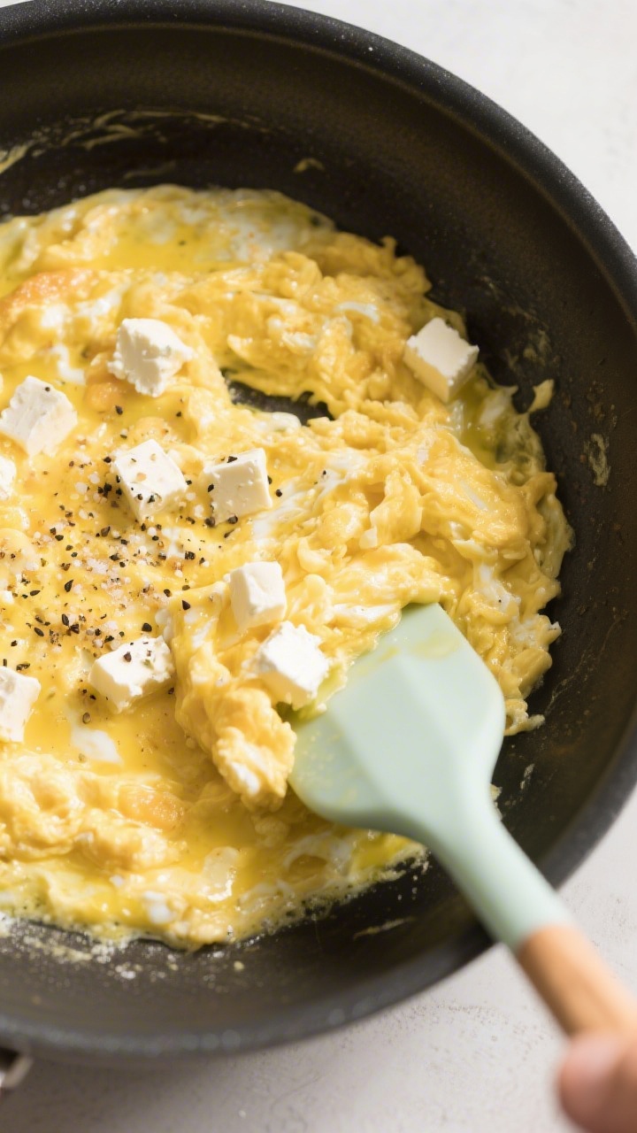Tasty top-down process shot: Overhead view of scrambled eggs mid-cook at the “season smart” stag
