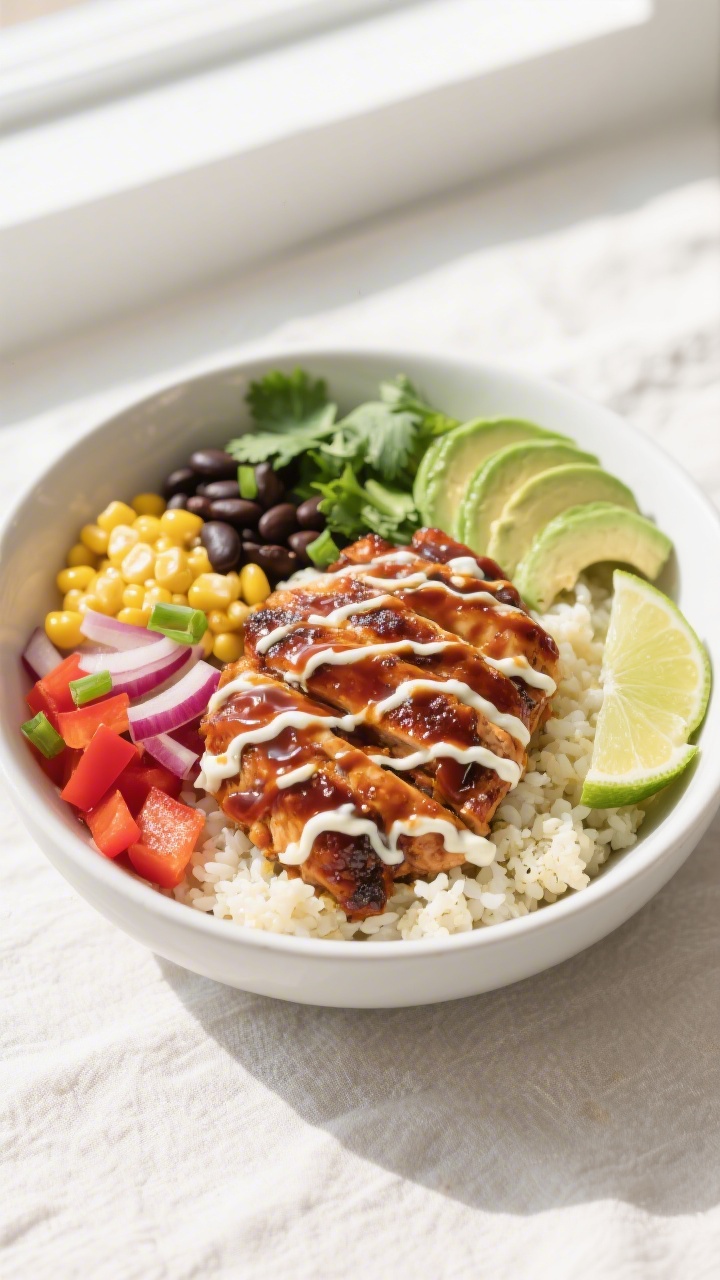 Tasty top view – assembled bowl: Overhead shot of a vibrant BBQ Chicken Cauliflower-Rice Bowl in a