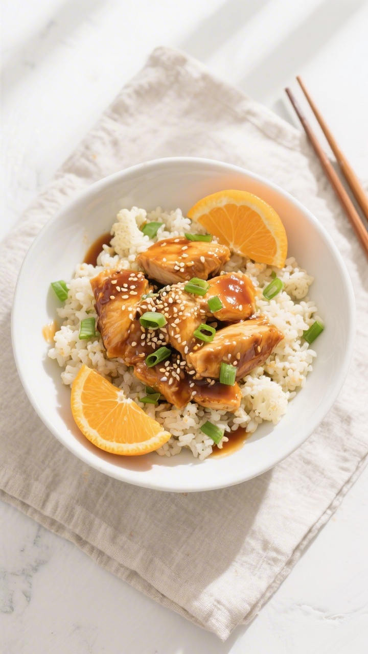 Tasty top view, assembly bowl: Overhead shot of Orange Chicken Cauliflower Rice in a wide, shallow w