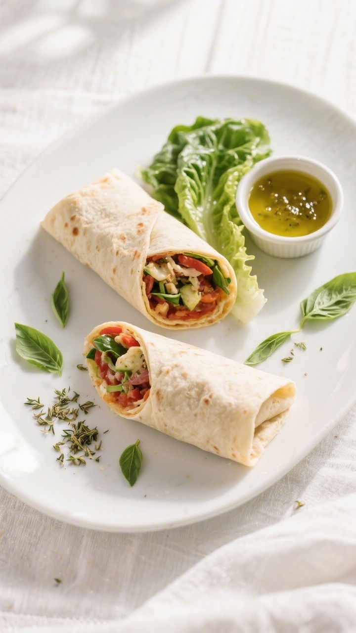 Tasty top view final dish: Overhead shot of two finished halves of the low carb Italian sub wrap on 