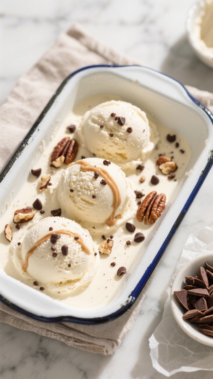 Low Carb Ice Cream - A Creamy Treat Without the Sugar Crash 4 Tasty top view final presentation: Overhead shot of a chilled, scoopable low carb vanilla ice cream