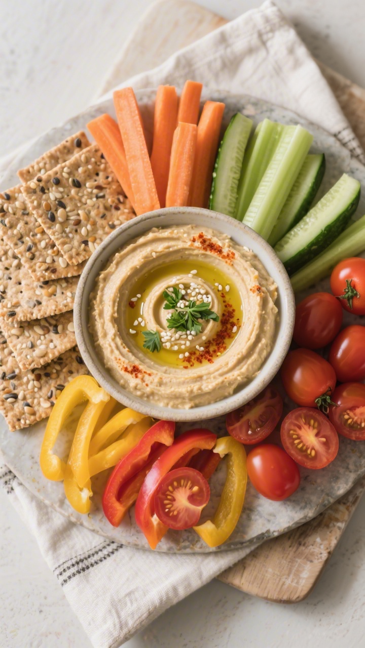 Hummus With Veggie Sticks and Gluten Free Crackers – A Fresh, Easy Snack Platter 4 Tasty top view: Finished snack platter overhead—central bowl of swirled hummus finished with olive