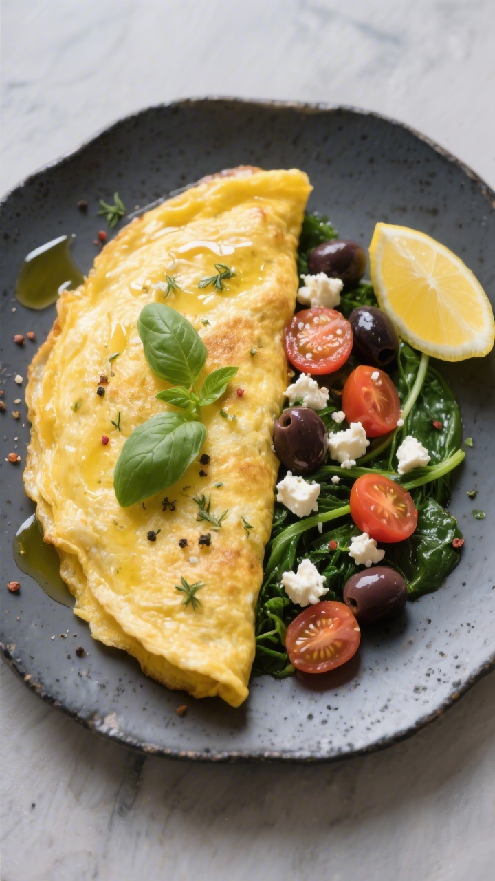 Tasty top view — Mediterranean omelet overhead: Overhead shot of a golden, just-set omelet folded 