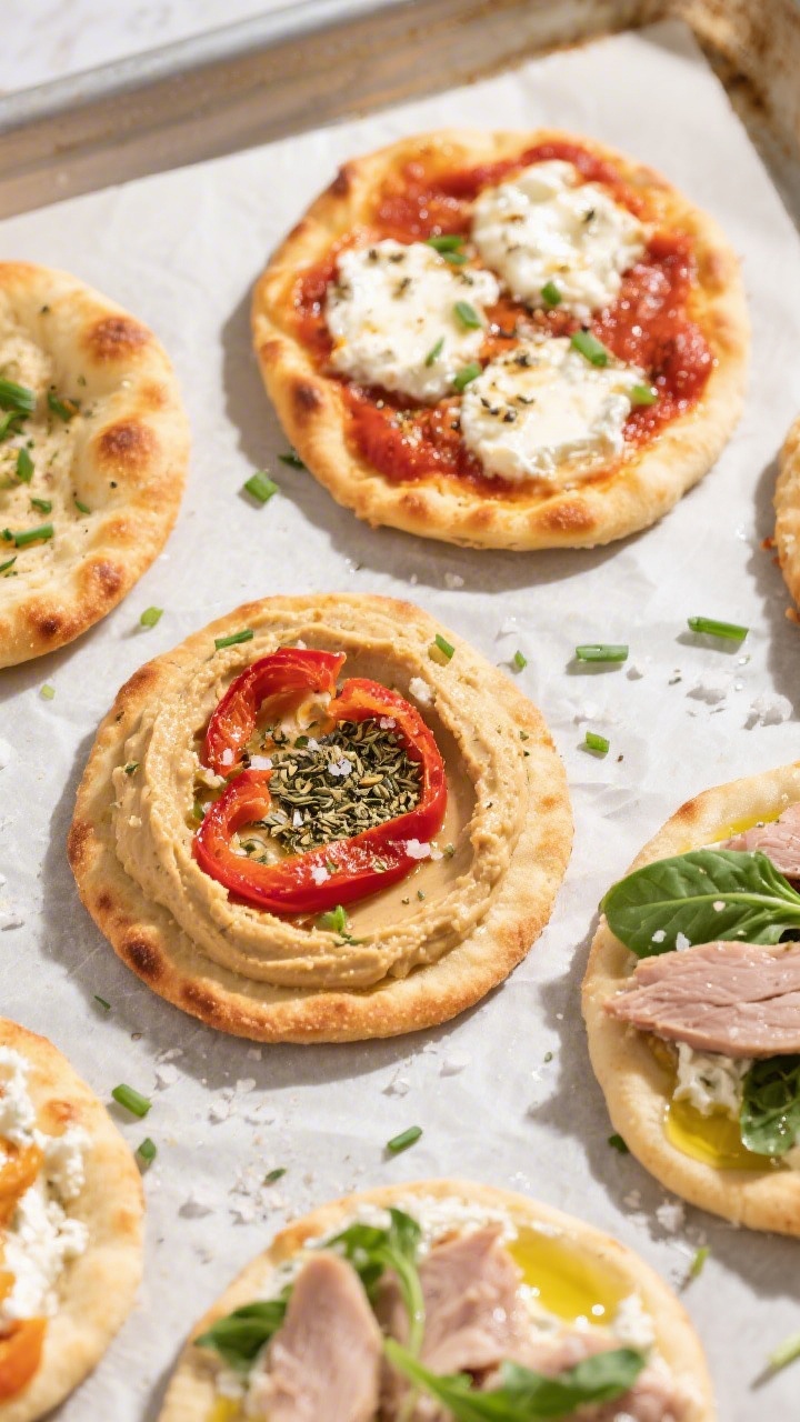 Tasty top view, mini pizza variation: Overhead shot of several baked cottage cheese flatbreads used 