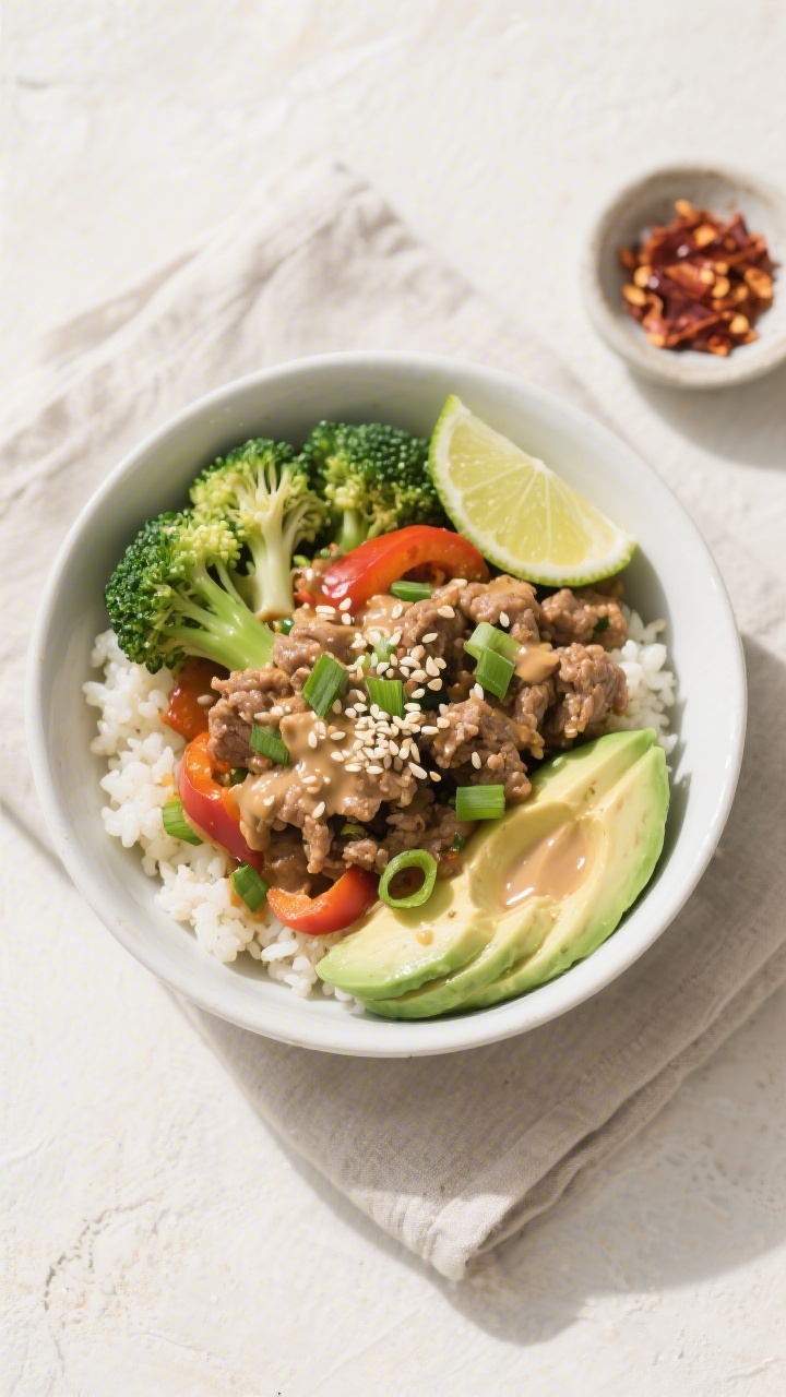 Tasty top view, overhead bowl: Overhead shot of a low-carb single-serve bowl with cauliflower rice b