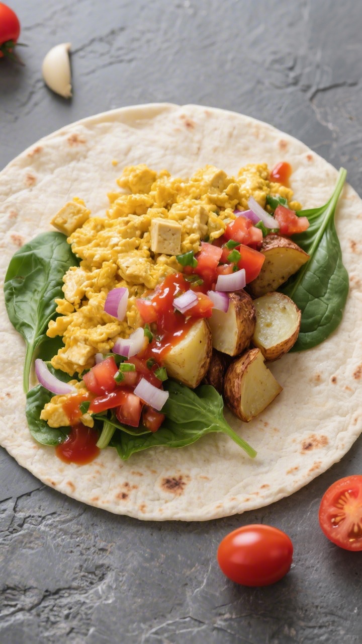 Tasty top view, overhead burrito build: Overhead shot of a breakfast burrito assembly on a slate-gra