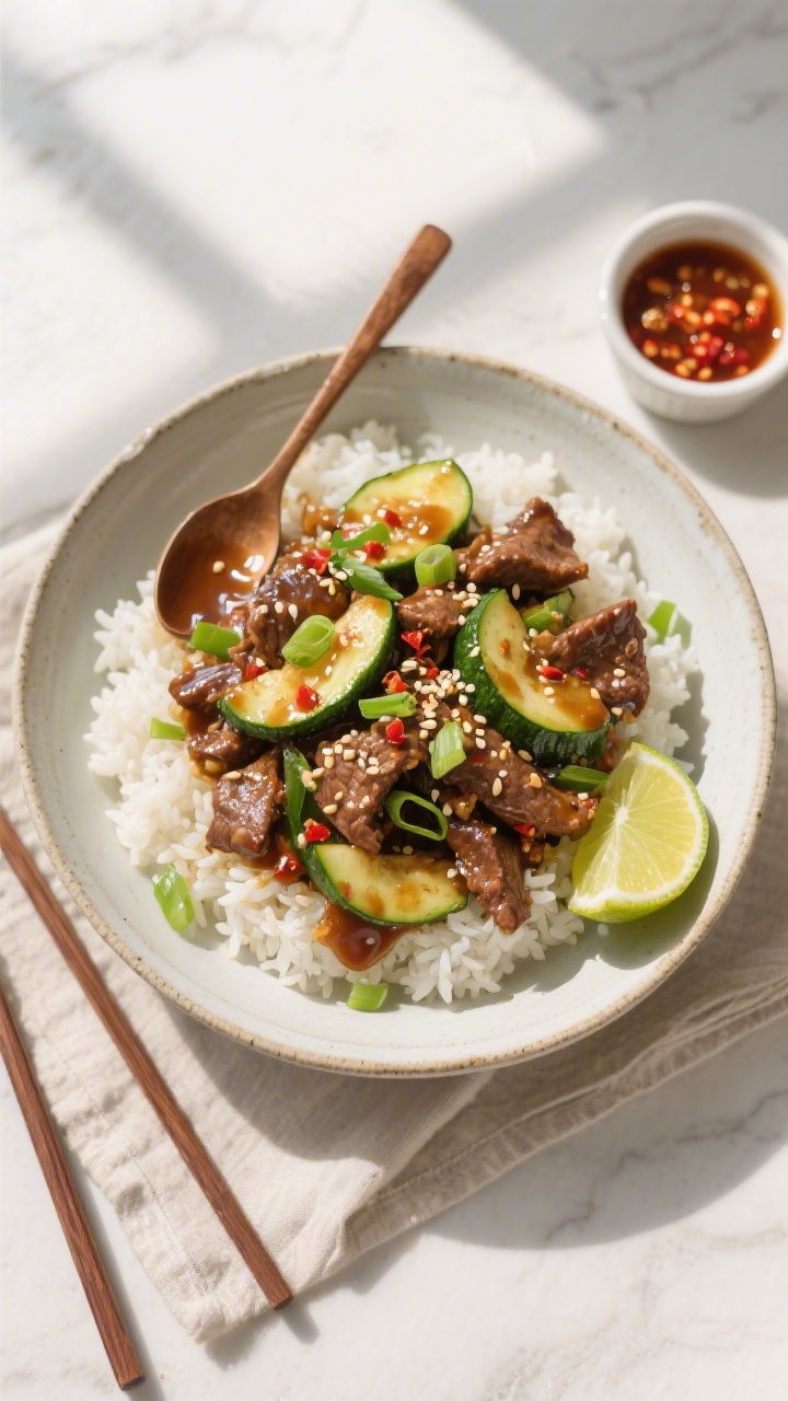 Tasty top view, overhead: Overhead shot of Beef Zucchini Stir Fry spooned over fluffy jasmine rice i