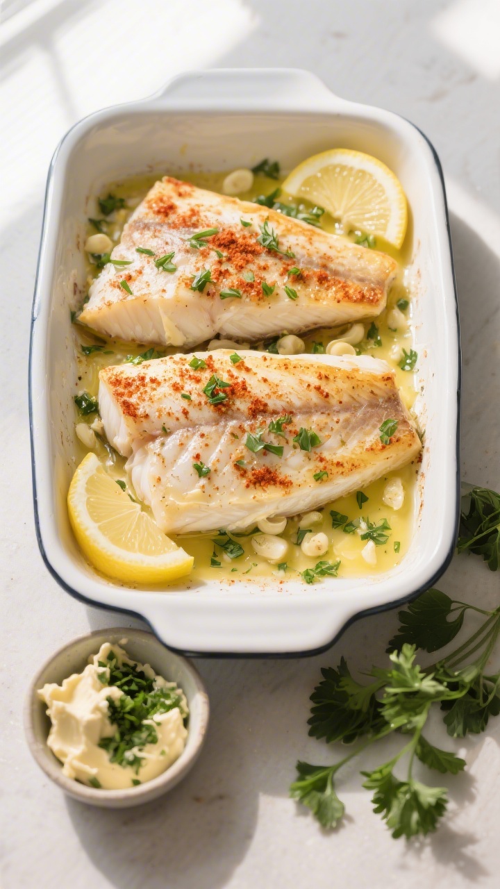 Tasty top view (overhead): Overhead shot of halibut fillets in a baking dish, fully cooked and coate