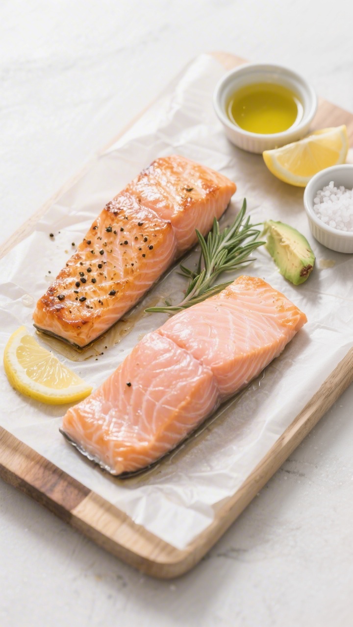 Tasty top view (overhead): Overhead shot of two perfectly cooked sous vide salmon fillets arranged o