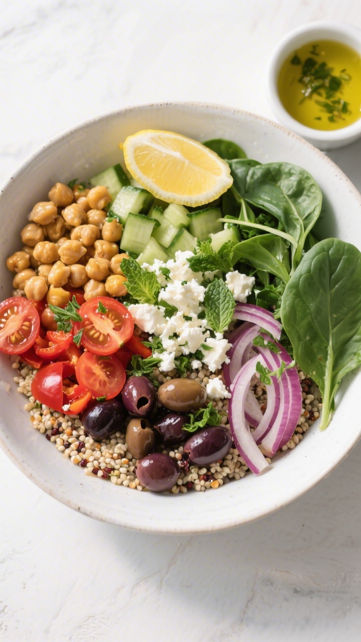 Tasty top view, overhead shot: Mediterranean quinoa bowl assembled in a wide white ceramic bowl—tr