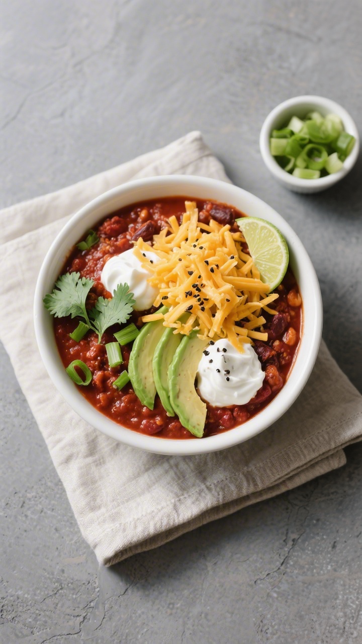 Tasty top view: Overhead shot of a bowl of finished low carb chili, deeply red and thick, topped wit