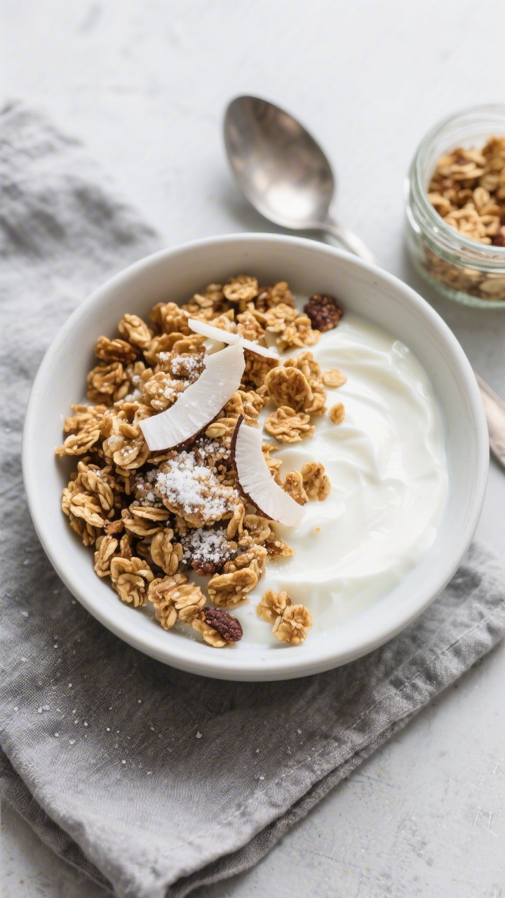 Tasty top view: Overhead shot of a bowl of Greek yogurt topped generously with chunky low carb grano