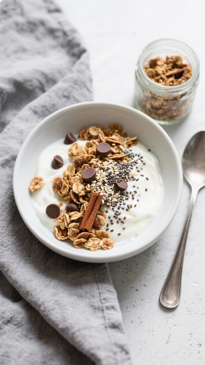 Tasty top view: Overhead shot of a breakfast bowl featuring the low carb granola served over thick u