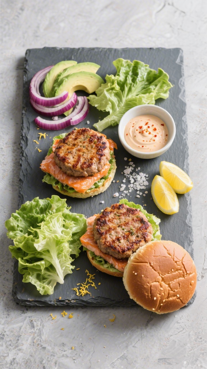 Salmon Burger Keto Bunless - A Fresh, Flavorful Low-Carb Favorite 4 Tasty top view: Overhead shot of a build-your-own bunless salmon burger spread—two seared patties