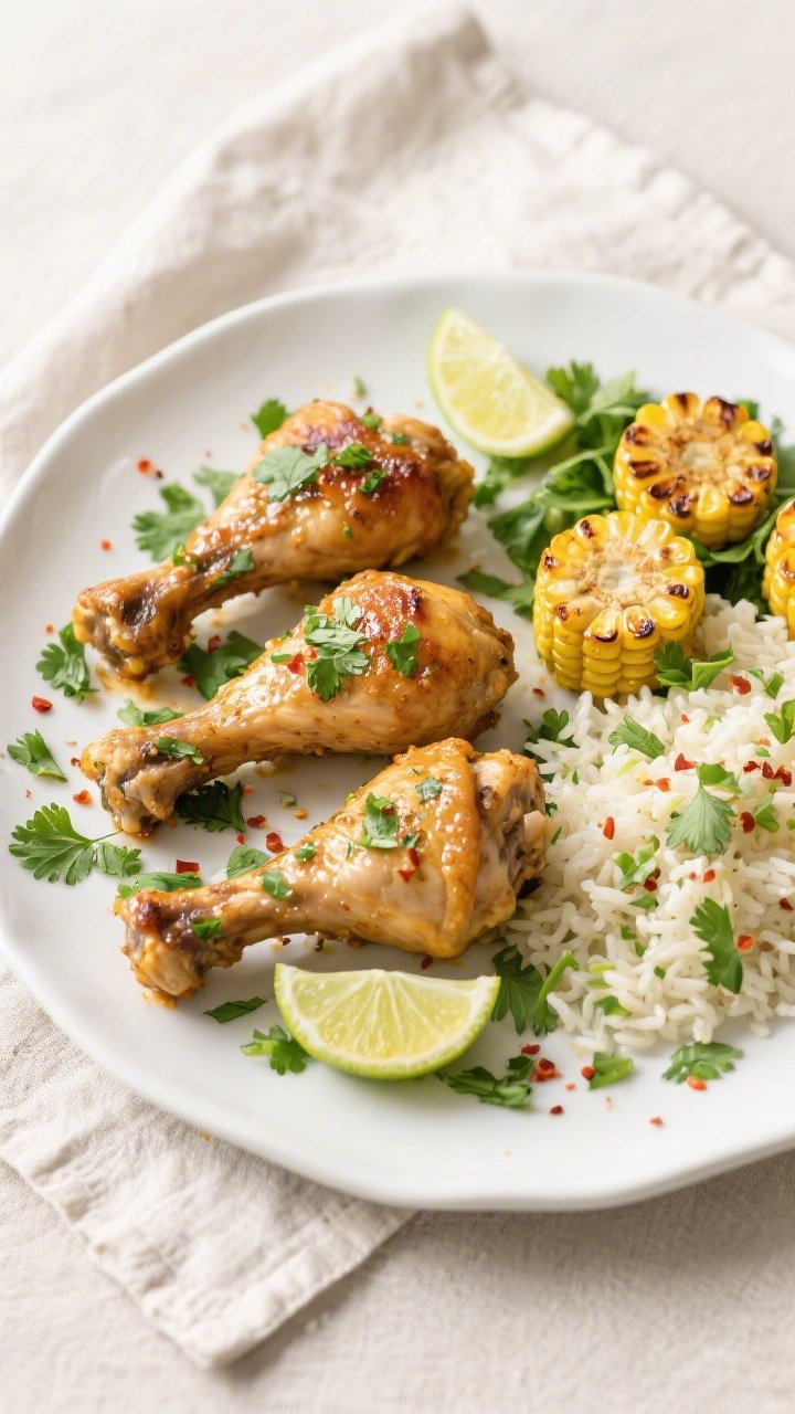 Tasty top view: Overhead shot of a final plated cilantro-lime chicken dinner—4 glossy drumsticks a