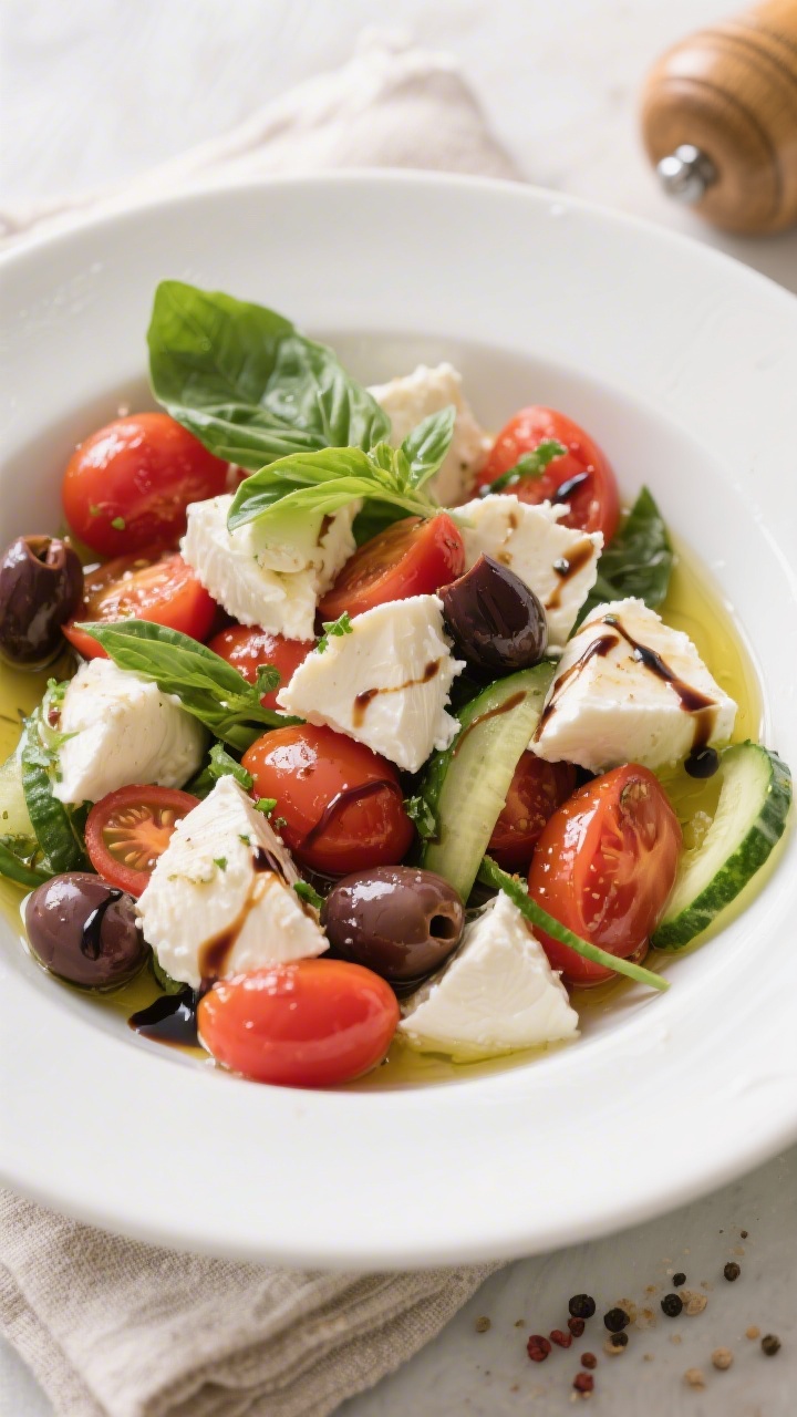 Tasty top view: Overhead shot of a finished Caprese-style mozzarella and tomato bowl—colorful mix 