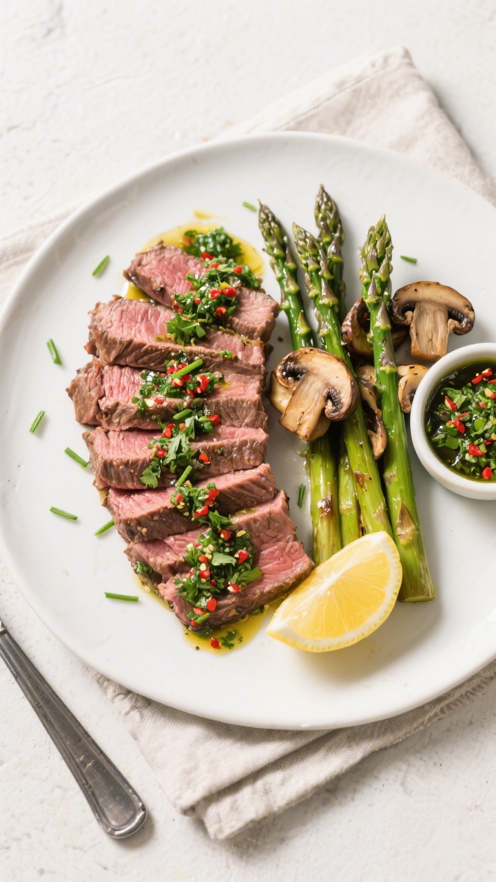 Tasty top view: Overhead shot of a finished low-carb plate—sliced tri tip arranged in overlapping 