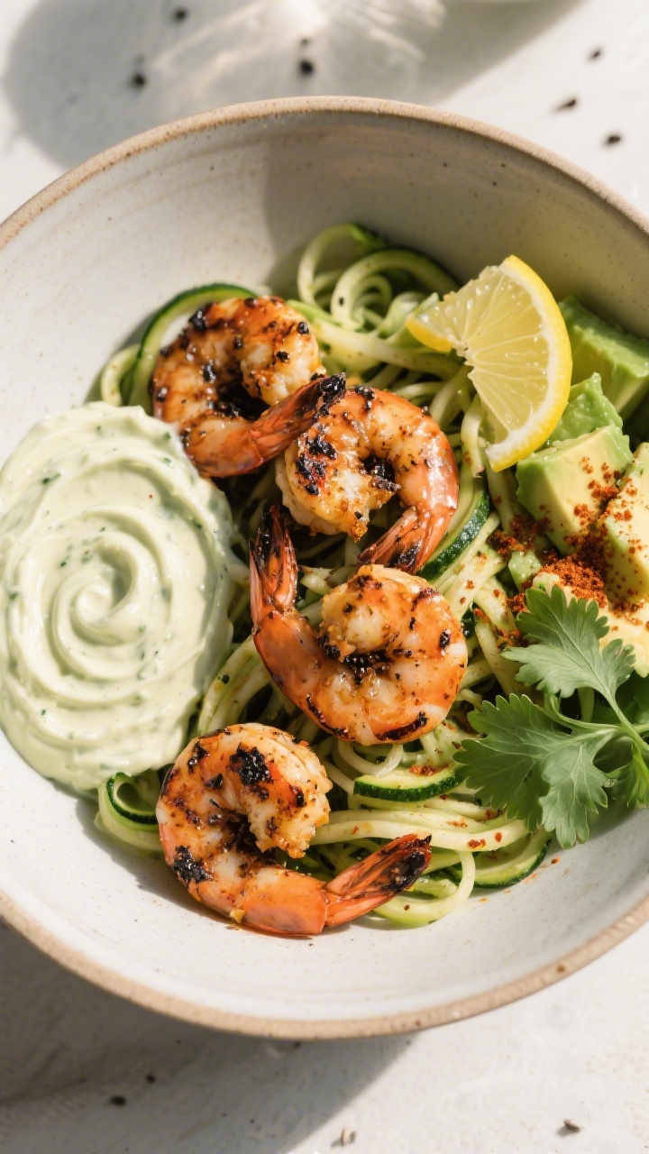 Tasty top view: Overhead shot of a low-carb bowl—blackened shrimp nestled with zucchini noodles, c