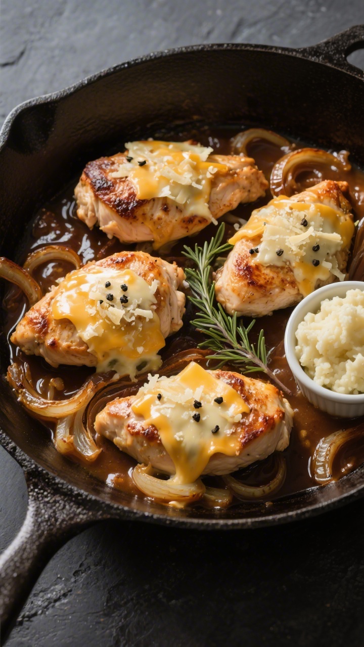 Tasty top-view: Overhead shot of a one-pan skillet finish—four chicken breasts nestled in a rich c