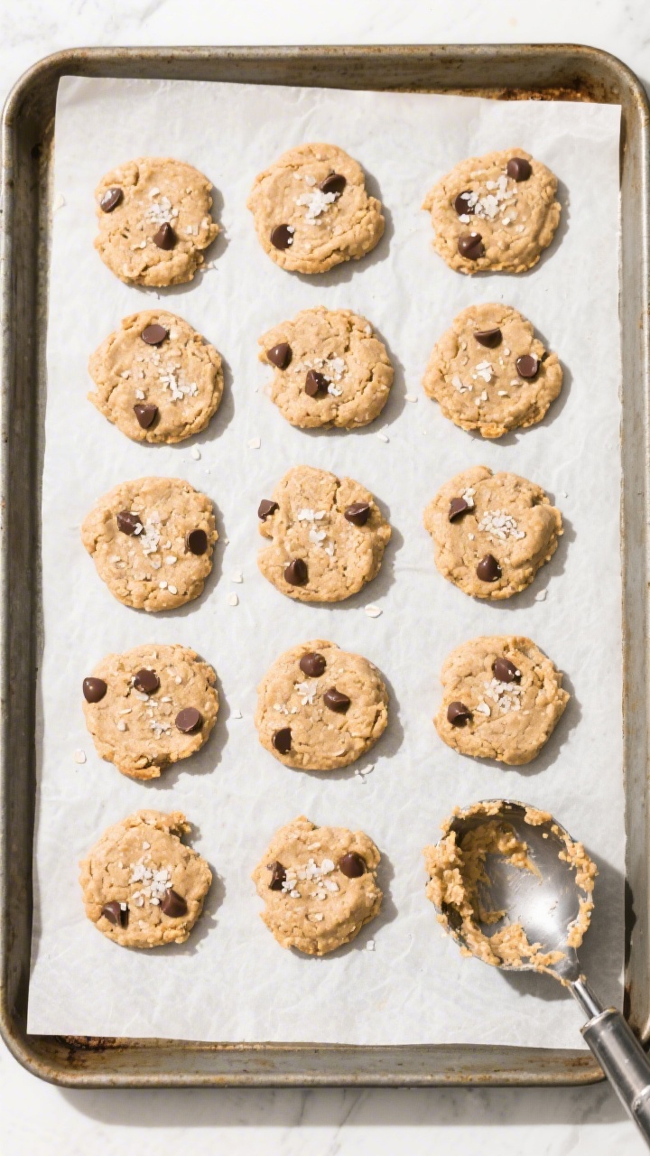 Tasty top view: Overhead shot of a parchment-lined baking sheet filled with evenly portioned, slight