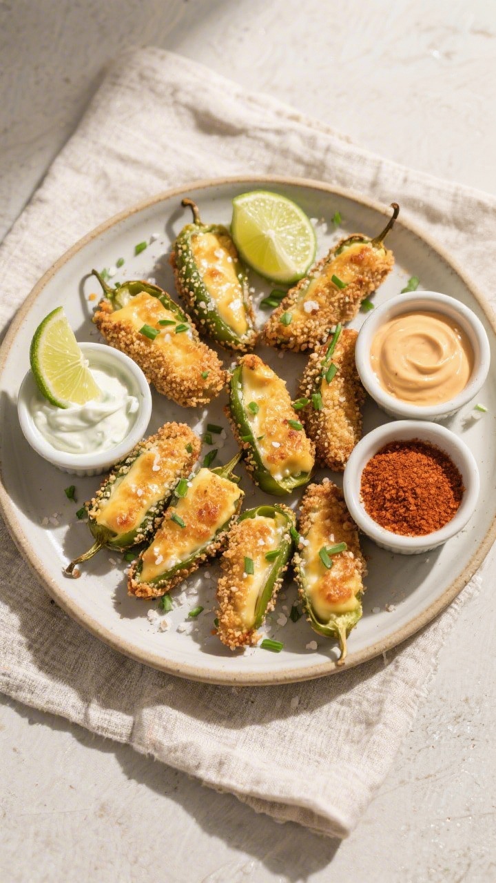 Tasty top view: Overhead shot of a platter of baked cheese-filled jalapeño poppers arranged in a ti