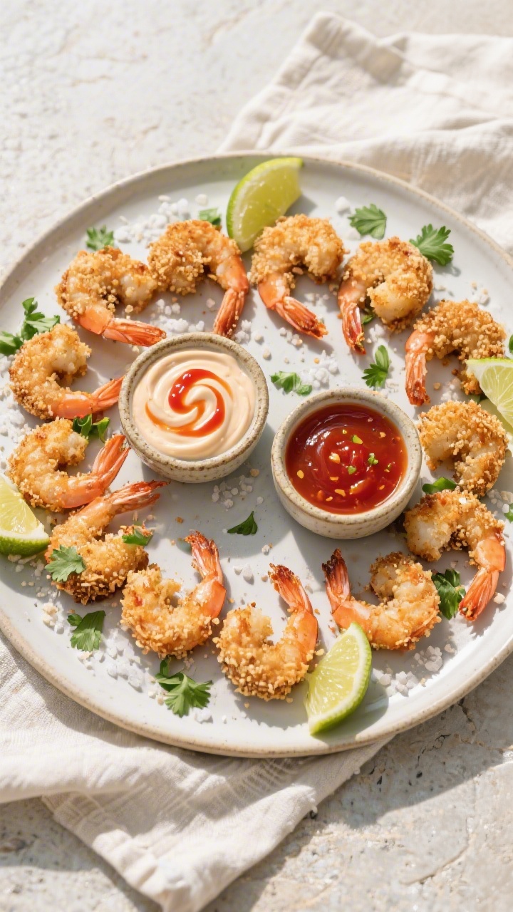 Tasty top view: Overhead shot of a platter of coconut-crusted shrimp bites arranged in a loose circl