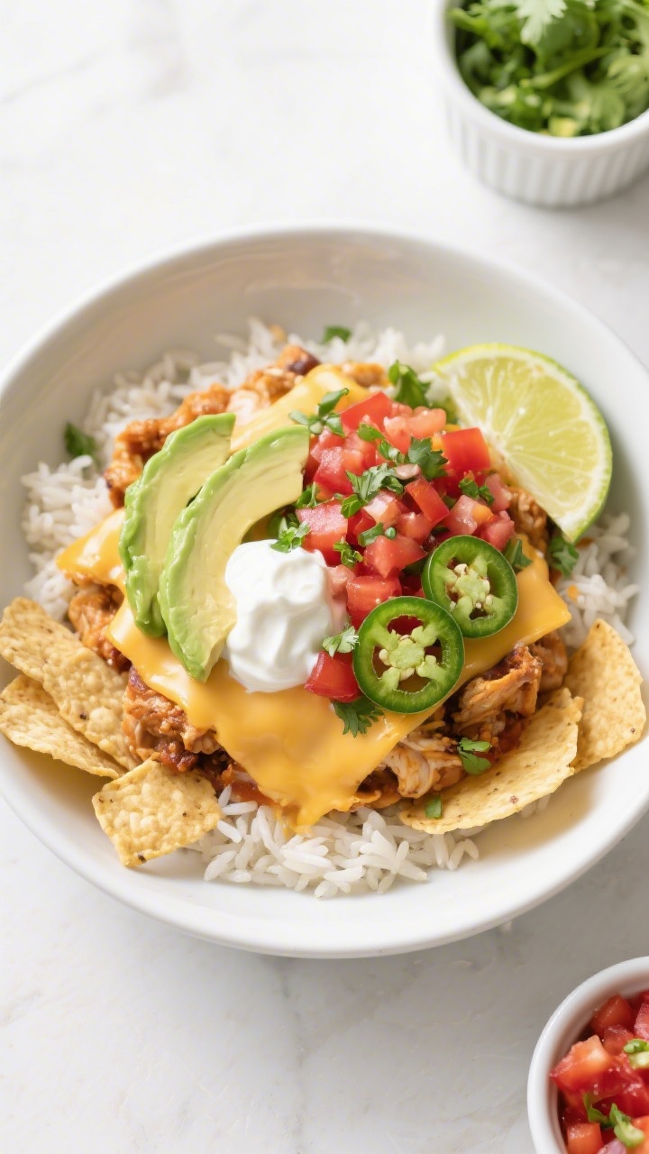 Tasty top view: Overhead shot of a Slow Cooker Taco Chicken Bowl arranged on fluffy cilantro-lime ri