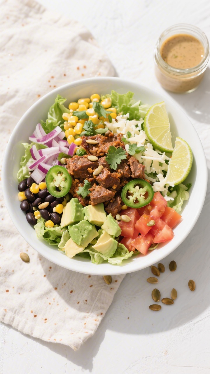 Tasty top view: Overhead shot of a tortilla-free Mexican taco salad bowl fully assembled—crisp cho