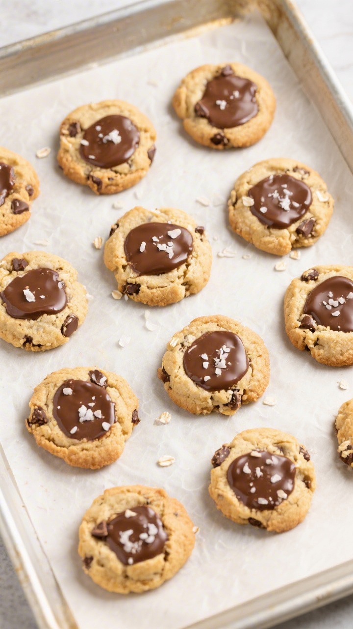 Tasty top view: Overhead shot of a tray of freshly baked banana‑oat chocolate chip cookies on ligh