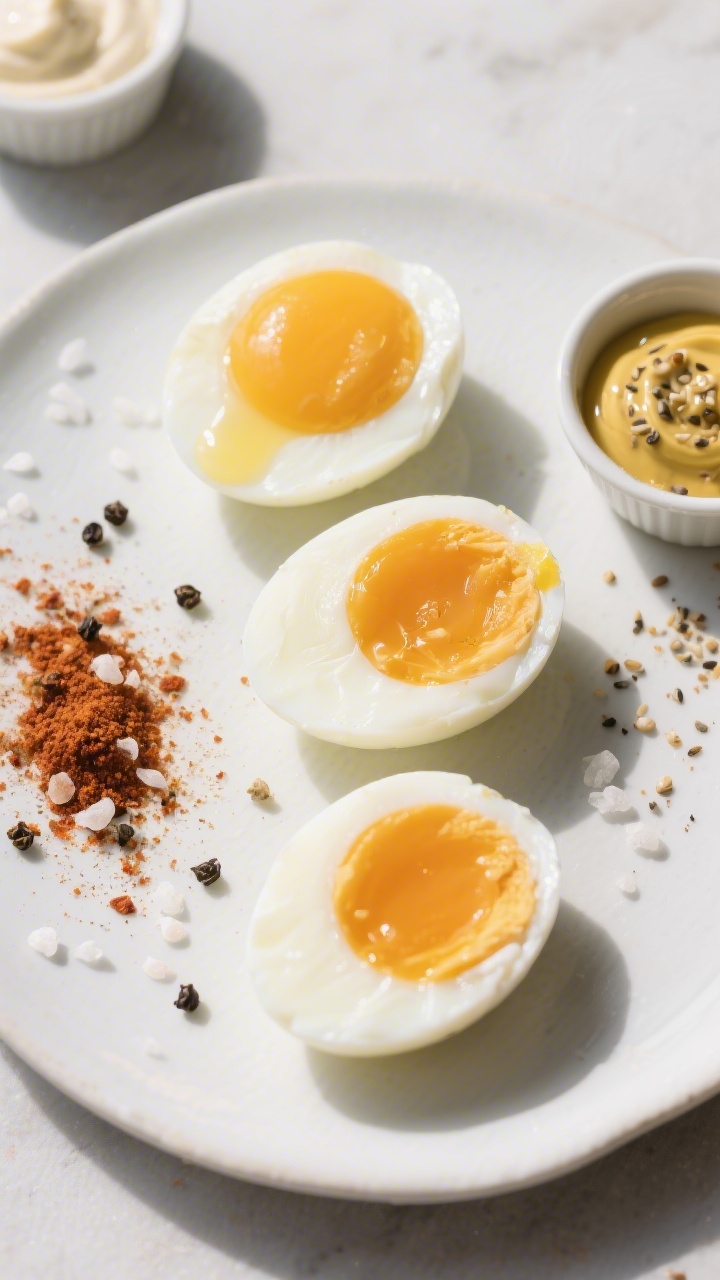 Tasty top view: Overhead shot of a trio of peeled air-fried eggs showcasing doneness levels—soft-b