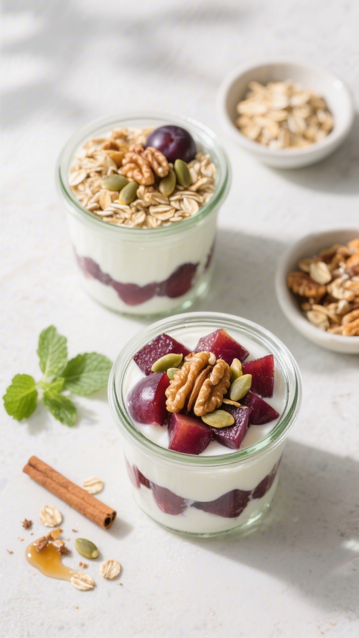 Tasty top view: Overhead shot of assembled grab-and-go parfait jars — neat top-down composition of