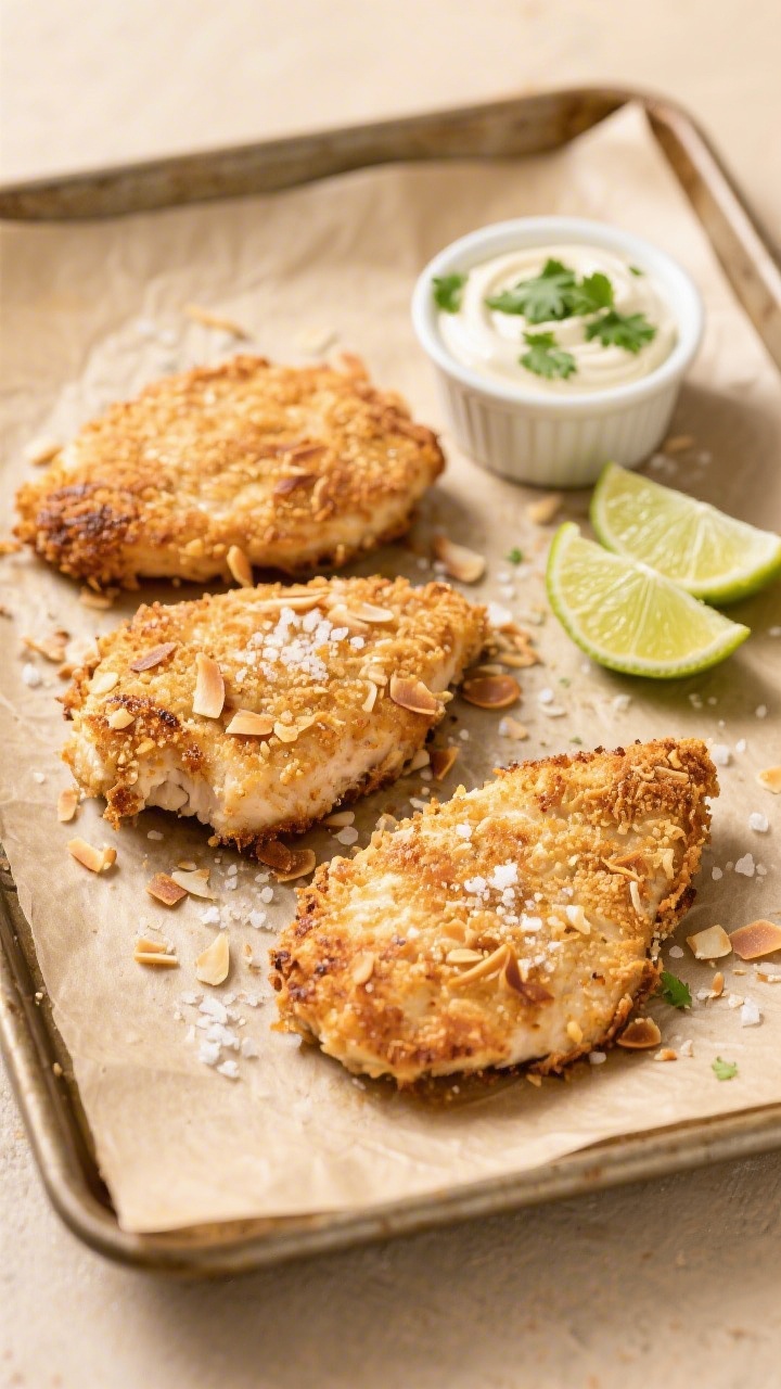 Tasty top view: Overhead shot of baked coconut chicken cutlets on a parchment-lined sheet pan, evenl