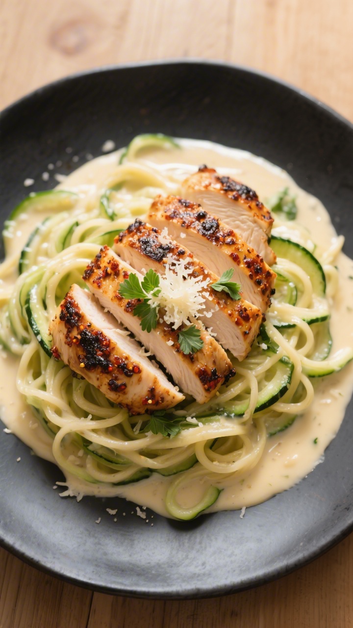 Tasty top view: Overhead shot of Blackened Chicken Alfredo with zoodles, perfectly seared sliced chi