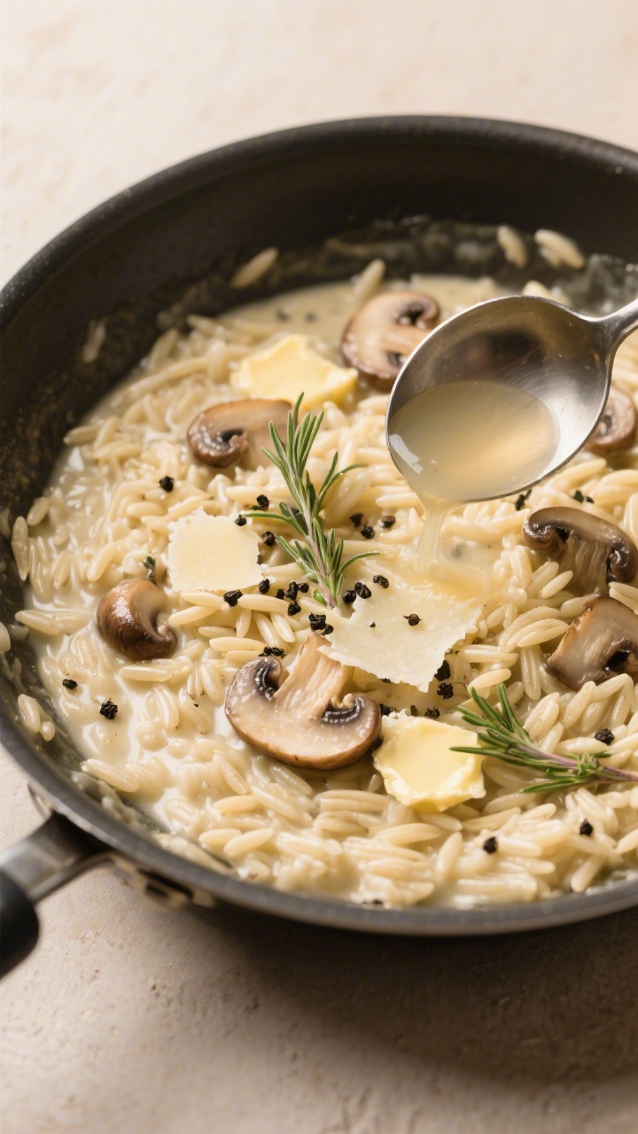 Tasty top view: Overhead shot of creamy gluten-free orzo “risotto” mid-cook in a wide pan, orzo 