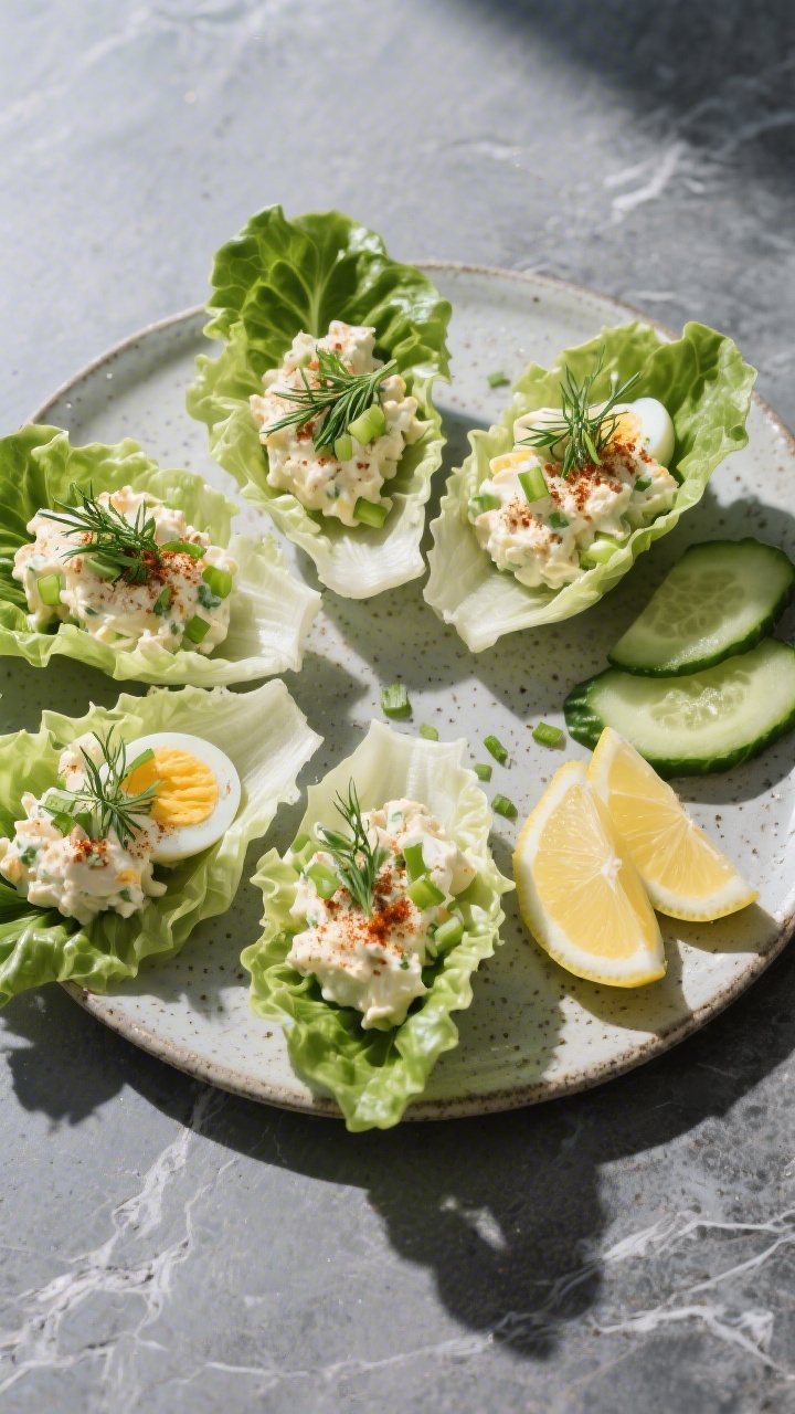 Tasty top view: Overhead shot of egg salad served in crisp romaine lettuce boats arranged in a fan o