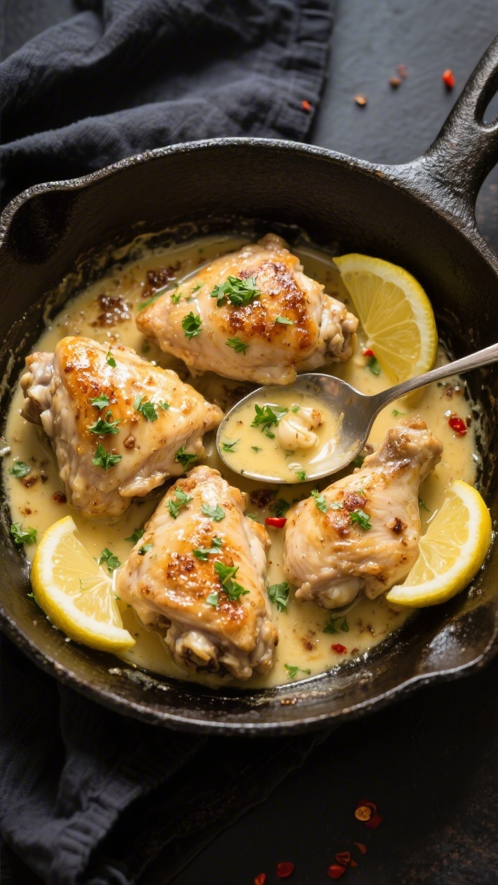 Tasty top view: Overhead shot of finished Garlic Butter Chicken Thighs in the skillet, nestled in a 