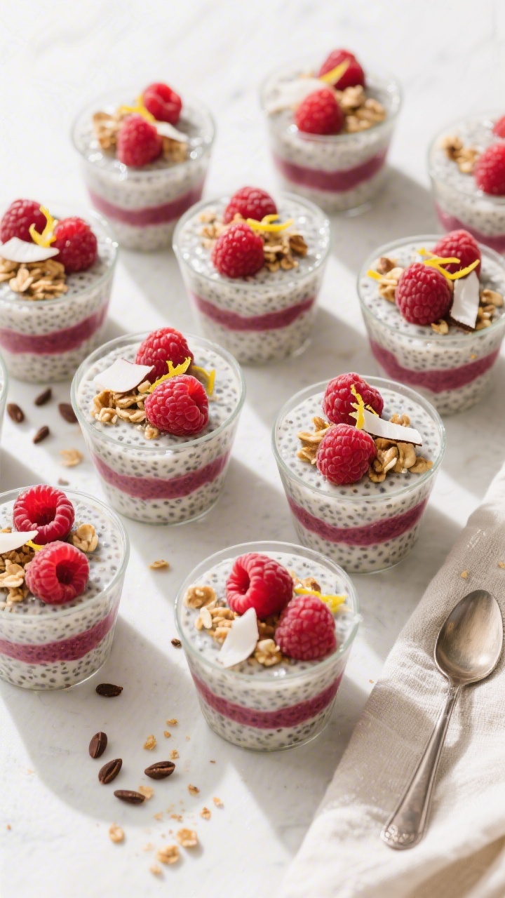 Tasty top view: Overhead shot of finished Raspberry Chia Pudding Cups arranged in a neat grid, each 