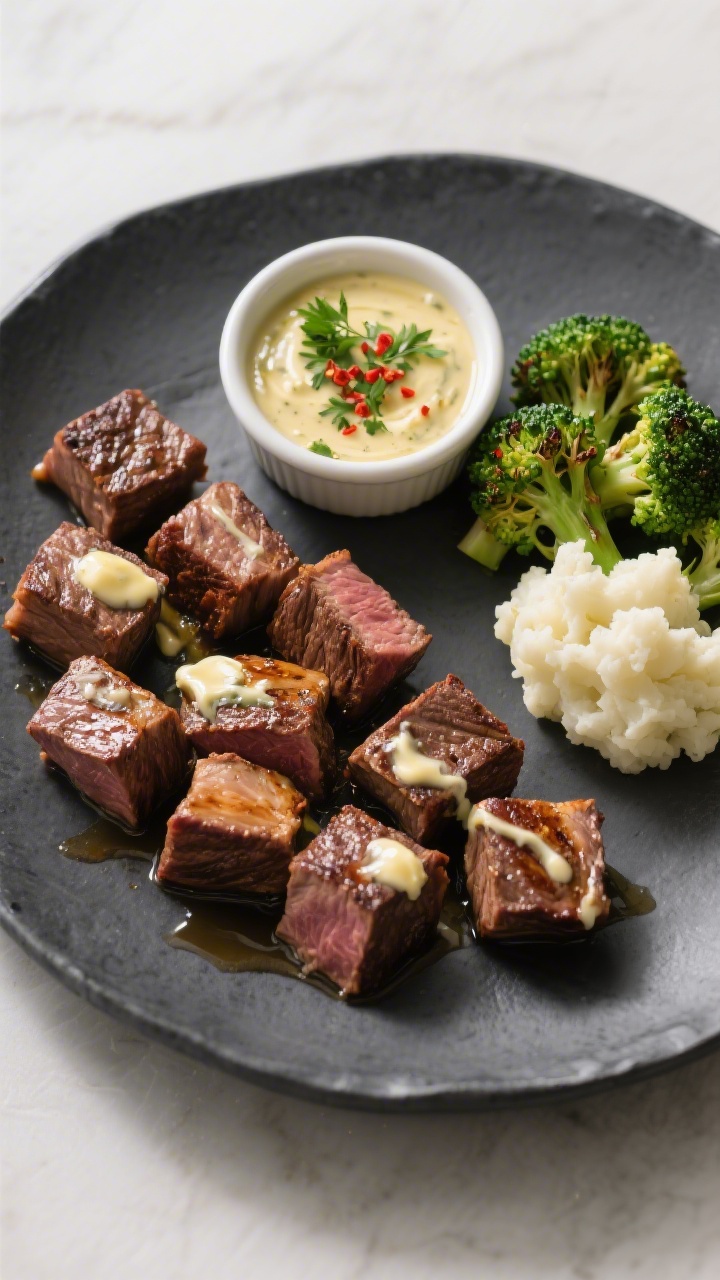 Tasty top view: Overhead shot of garlic butter steak bites as a shareable platter, arranged on a mat