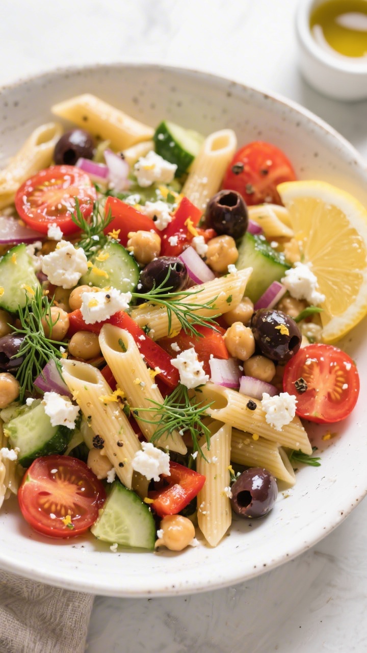 Tasty top view: Overhead shot of Greek-style chickpea pasta salad fully assembled in a wide, white c