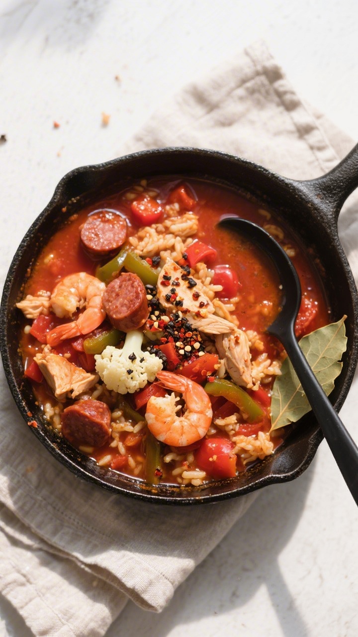 Tasty top view: Overhead shot of low carb jambalaya at the stew stage just before shrimp, showing th