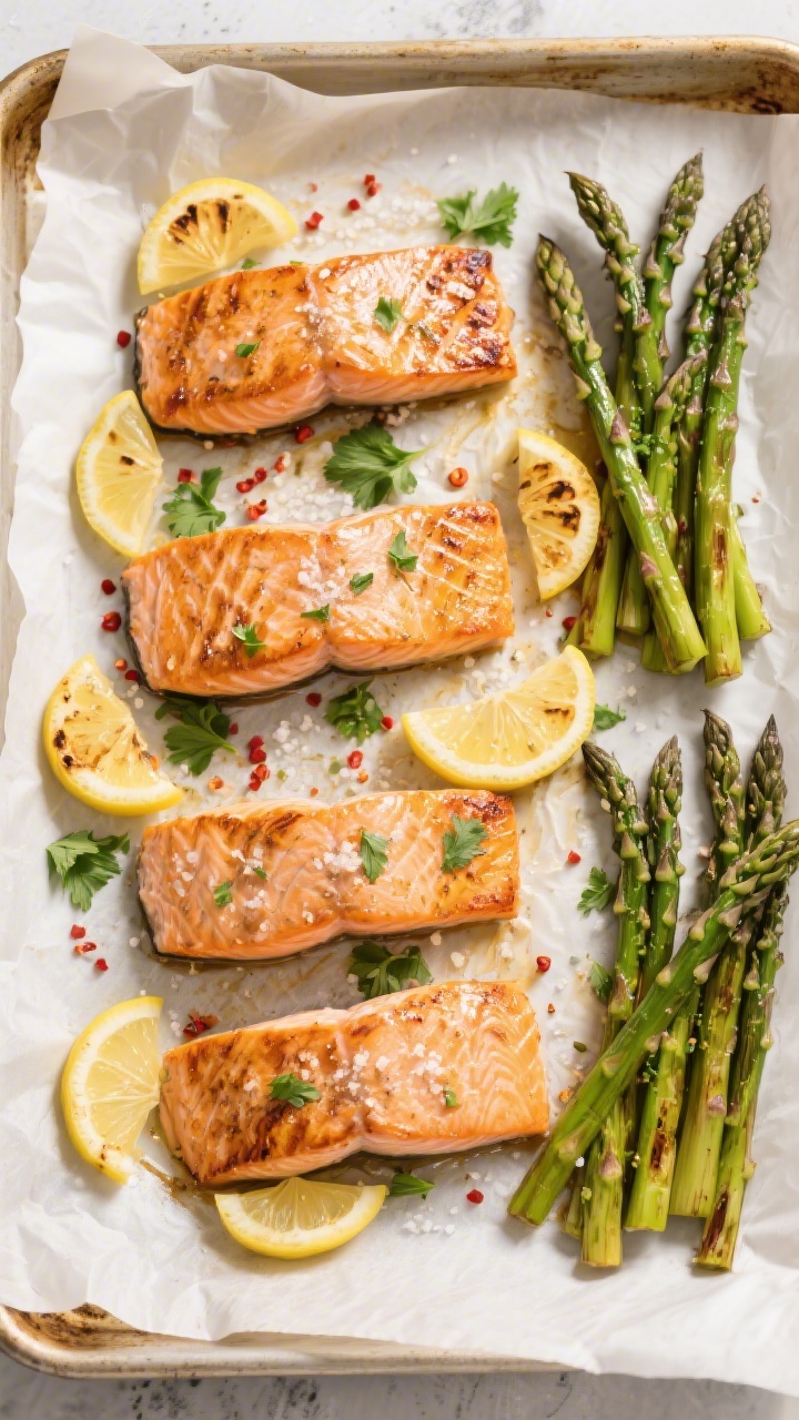 Tasty top view: Overhead shot of oven-roasted salmon on a parchment-lined sheet pan, four fillets ar